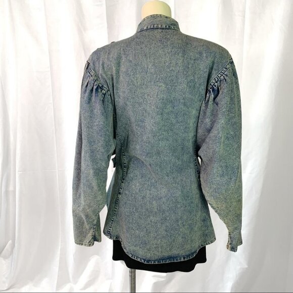 VINTAGE 80s JEANS JACKET WITH PURPLE RUFFLE BEADED DESIGN FRONT SNAP WOMEN LARGE - Picture 2 of 9
